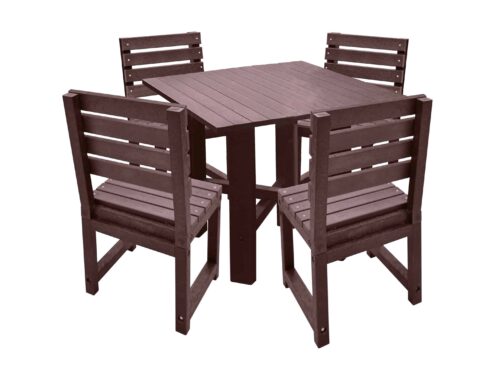 Brown square garden table with matching brown chairs made from recycled plastic.