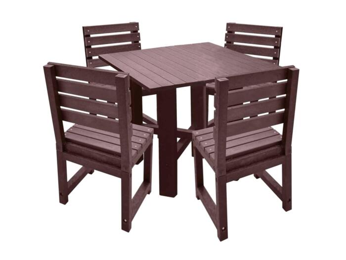 Featherstone Square Set Brown Brown square garden table with matching brown chairs made from recycled plastic.