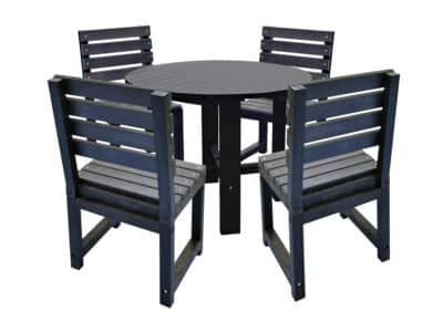 Black square garden table with matching black chairs made from recycled plastic.