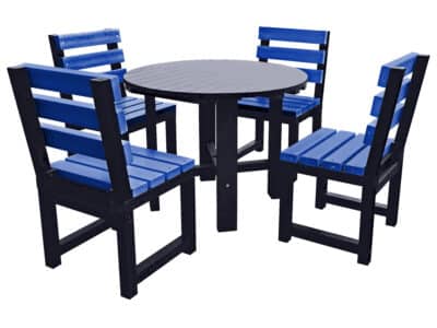 Black round garden table with four blue chairs made from recycled plastic.
