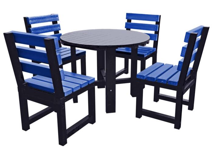 Featherstone Round Set - Black Table Blue Chairs Black round garden table with four blue chairs made from recycled plastic.