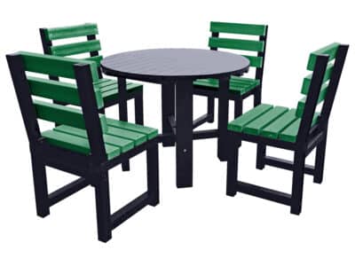 Black round garden table with four green chairs made from recycled plastic.