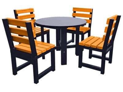 Black round garden table with four yellow chairs made from recycled plastic.