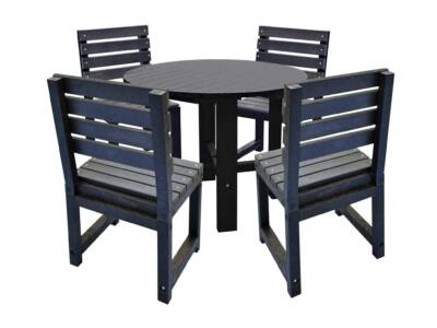 Black square garden table with matching black chairs made from recycled plastic.