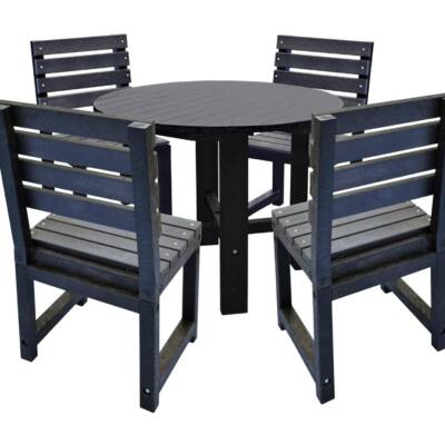Black square garden table with matching black chairs made from recycled plastic.