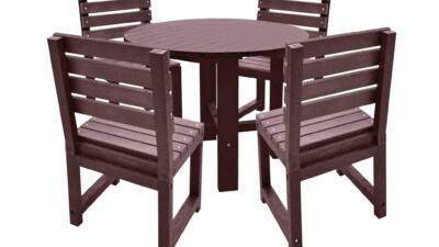 Brown recycled plastic square garden table with four matching chairs.