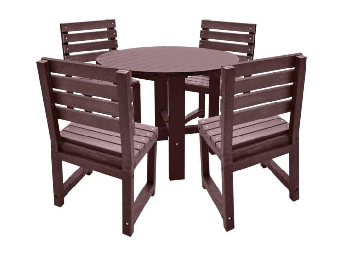 Featherstone Round Set Brown Brown recycled plastic square garden table with four matching chairs.