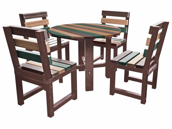 Featherstone Round Set - Earth Table Earth Chairs Black round table with multi-coloured chairs (orange, green, red, and blue) made from recycled plastic.