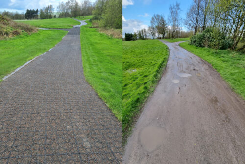 Side-by-side comparison of a path during the installation of reinforcement grids in a park with lush green grass and trees