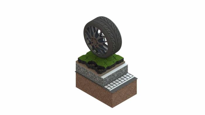 Hebden Everyday grid grass filled with attenuation A 3D-rendered cutaway diagram showing a tire on layered permeable paving with grass, gravel, and drainage components