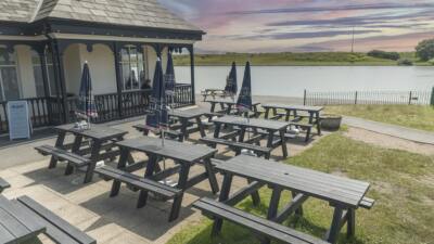 Lakeside Cafe recycled plastic Denholme A-frame picnic tables from British Recycled Plastic