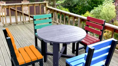 Colourful outdoor furniture on deck. British Recycled Plastic