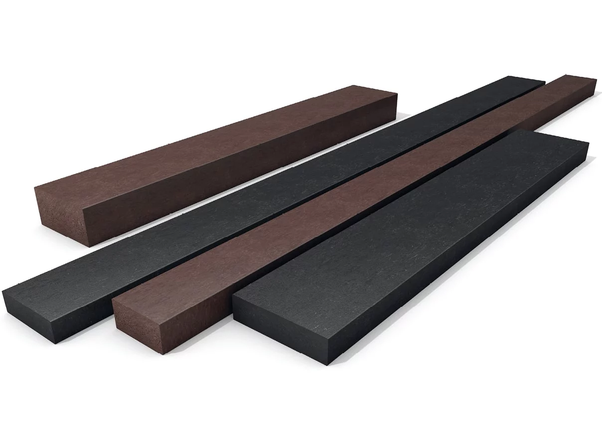 A selection of rectangular profile artificial lumber cut to different lengths.