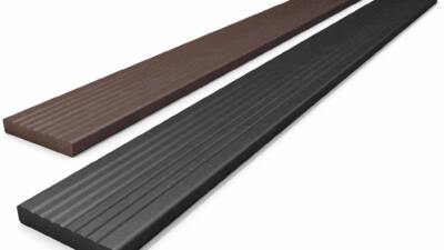 Recycled plastic decking in black and brown.