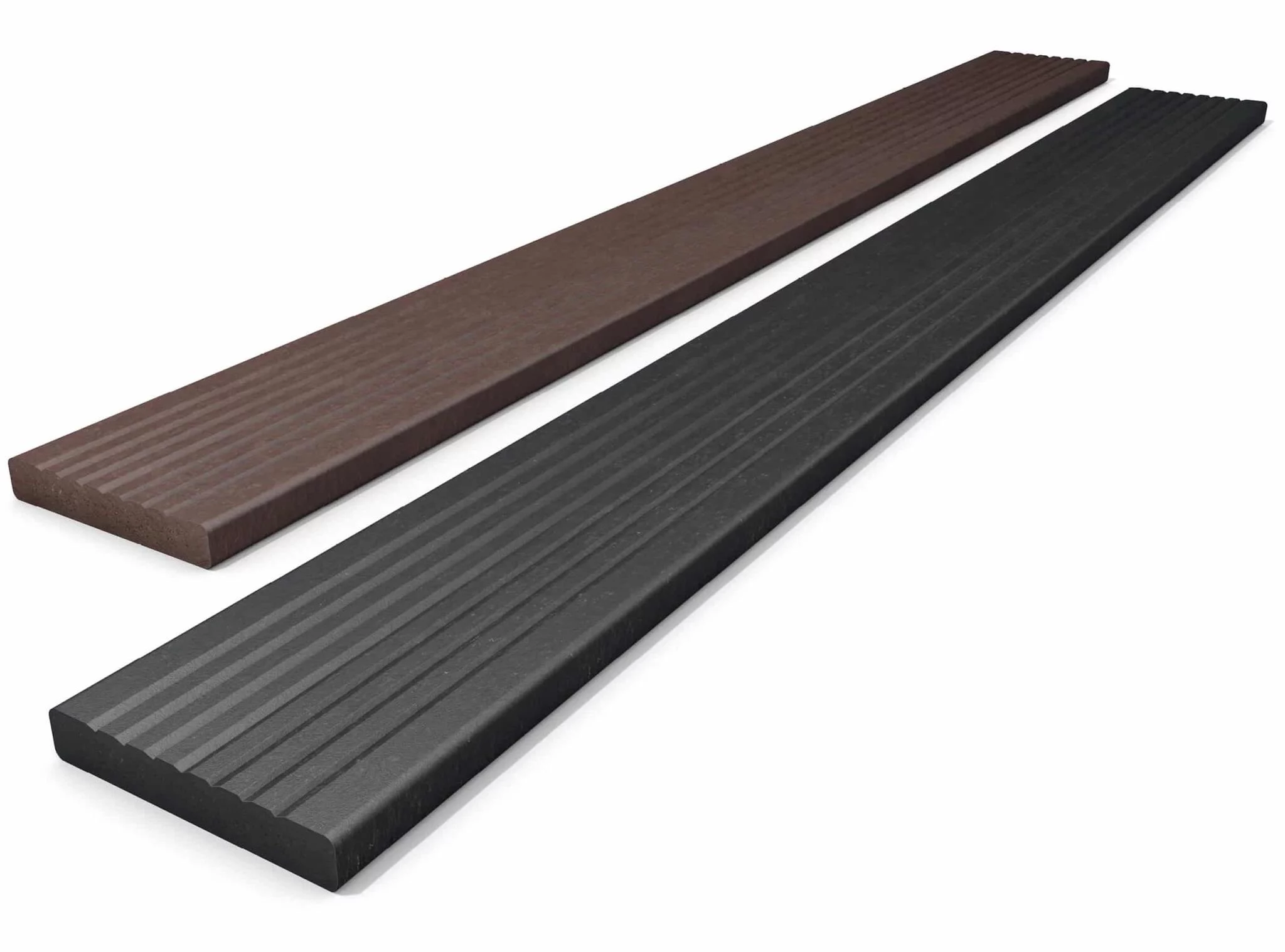 Recycled plastic decking in black and brown.