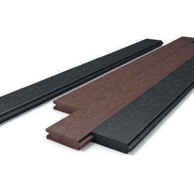 Recycled plastic tongue and grove lumber in black and brown.