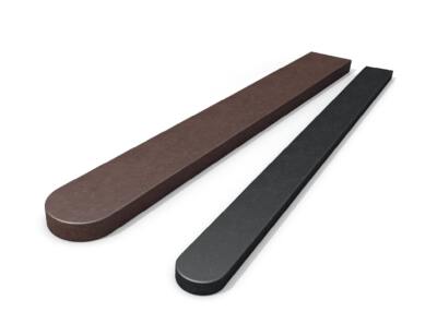 Cut-out of brown and black recycled plastic curved top fence posts