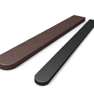 Cut-out of brown and black recycled plastic curved top fence posts