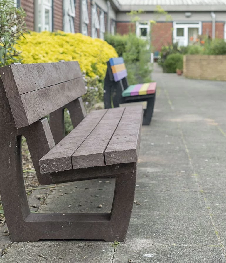 Housing Associations 10 Harewood benches from British Recycled Plastic at St Georges Hospital in Stafford.