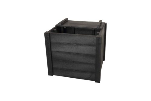 A black composter with lid.
