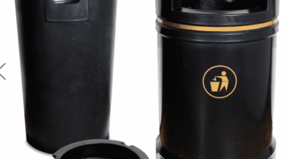 British Recycled Plastic black bin with gold trim, the lid and container are next to it to show the product in detail