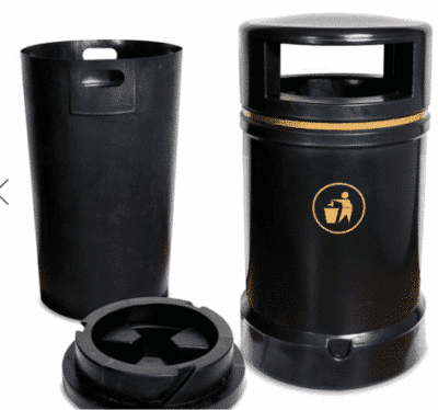 British Recycled Plastic black bin with gold trim, the lid and container are next to it to show the product in detail