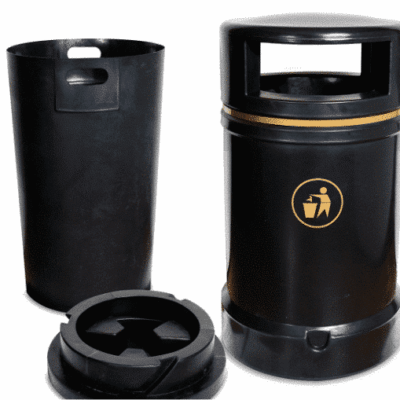 British Recycled Plastic black bin with gold trim, the lid and container are next to it to show the product in detail