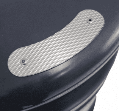 Metal stubber plate on a black recycled plastic litter bin.