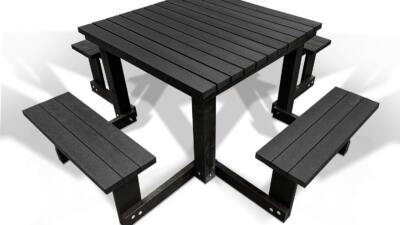 Brimham square recycled plastic picnic table eight seated in the colour orange with orange top and seats with black frame cutout Image