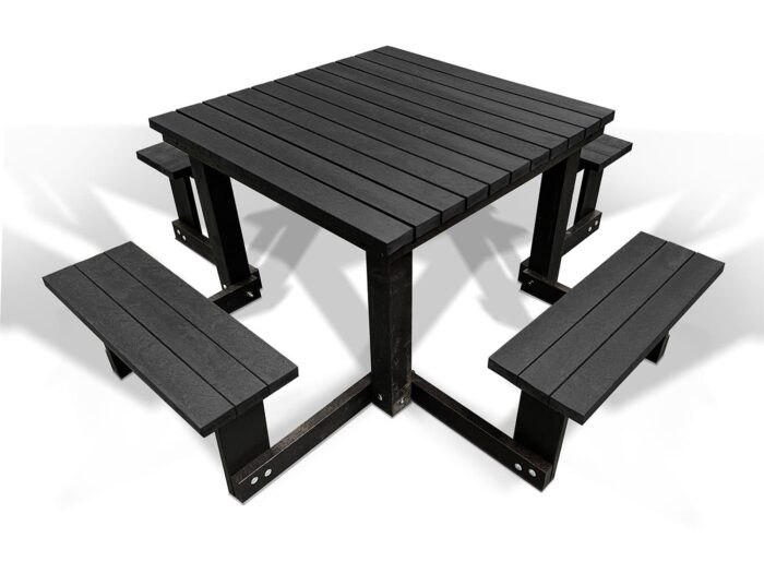 Brimham square recycled plastic picnic table eight seated in the colour orange with orange top and seats with black frame cutout Image