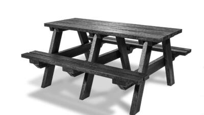 A black recycled plastic 6 seater picnic table.