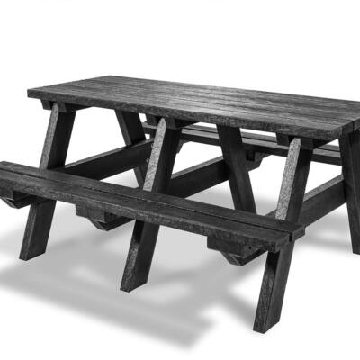 A black recycled plastic 6 seater picnic table.