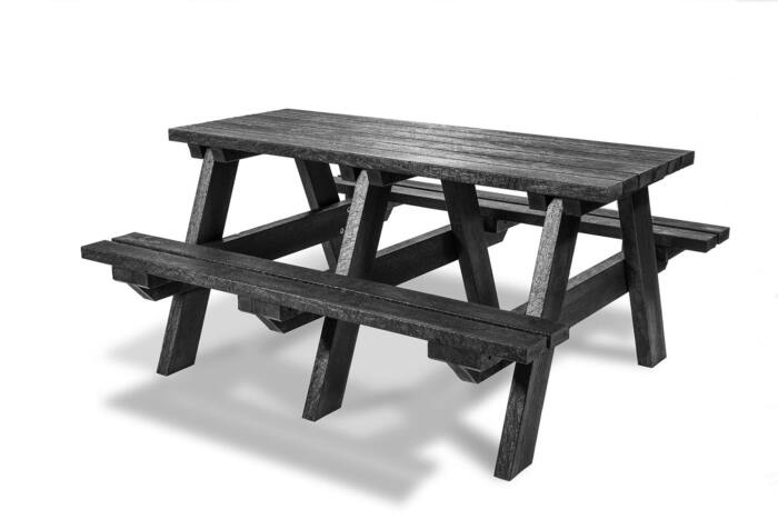cutout-black-denholme-adult-a-frame-picnic-table A black recycled plastic 6 seater picnic table.