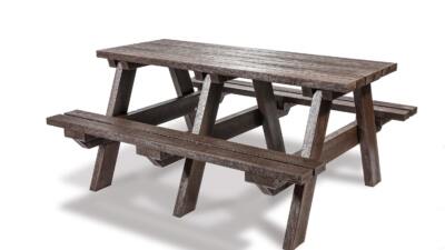 A brown recycled plastic 6 seater picnic table.