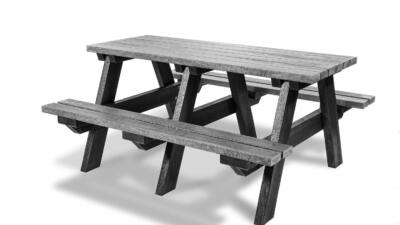 A grey and black recycled plastic 6 seater picnic table.