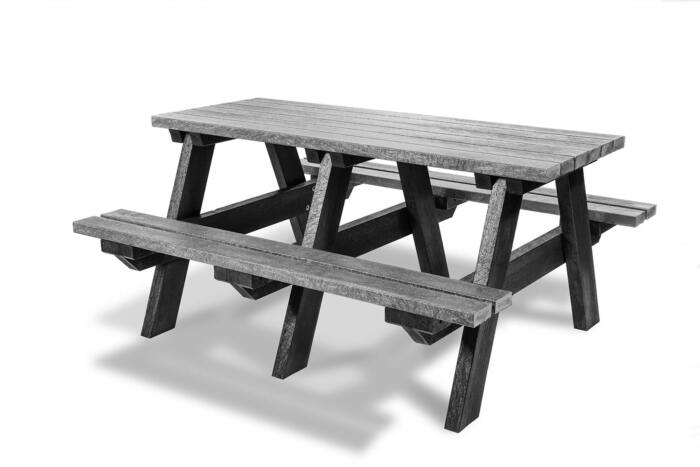 cutout-grey-and-black-denholme-adult-a-frame-picnic-table A grey and black recycled plastic 6 seater picnic table.