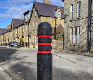 The Halifax recycled plastic bollard with three reflective strips.