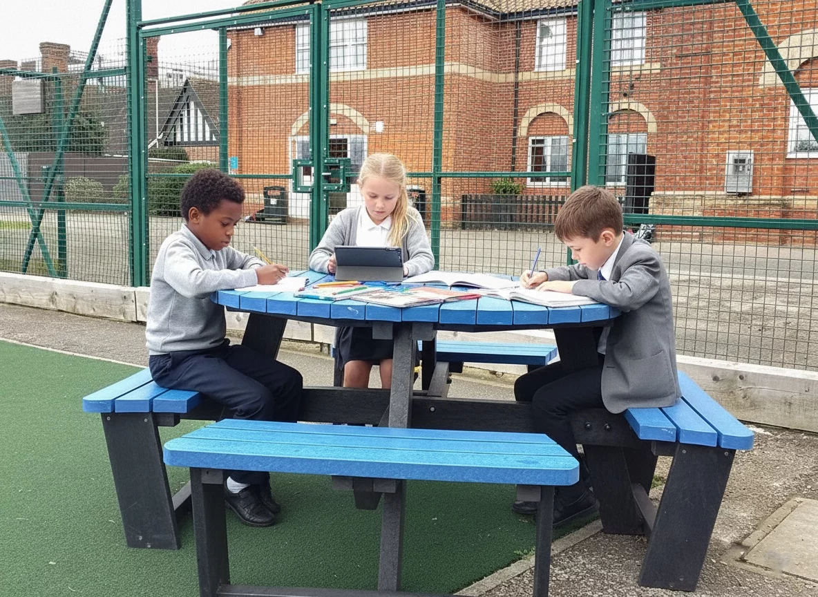 Children studying at a playground table British on a Recyled Plastic Calder picnic table
