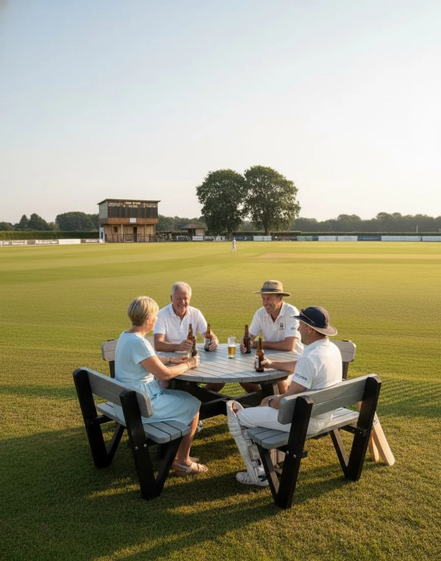Cricket Clubs 6 Denholnme black picnic benches at a cricket club