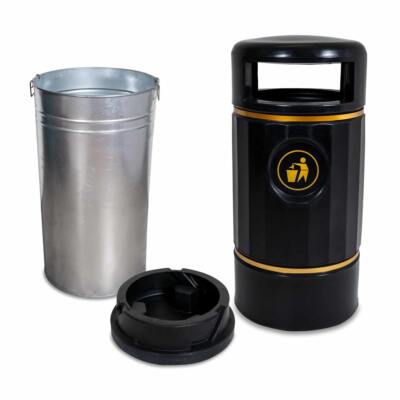 recycled plastic litter bin near a school with metal inside