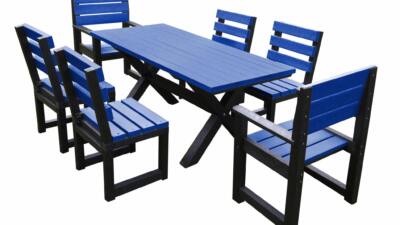 British Recycled Plastic long table with 6 chairs. Long and rectangular. Black and blue