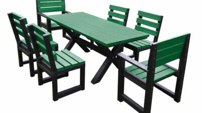 British Recycled Plastic long table with 6 chairs. Long and rectangular. Black and green