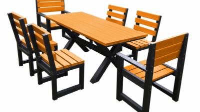British Recycled Plastic long table with 6 chairs. Long and rectangular. Black and orange