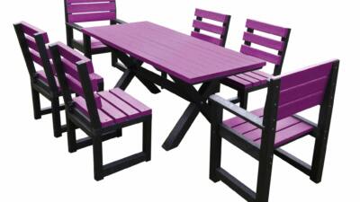 British Recycled Plastic long table with 6 chairs. Long and rectangular. Black and pink