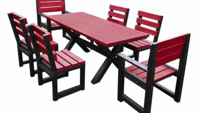 British Recycled Plastic long table with 6 chairs. Long and rectangular. Black and red