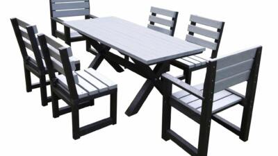 British Recycled Plastic long table with 6 chairs. Long and rectangular. Grey