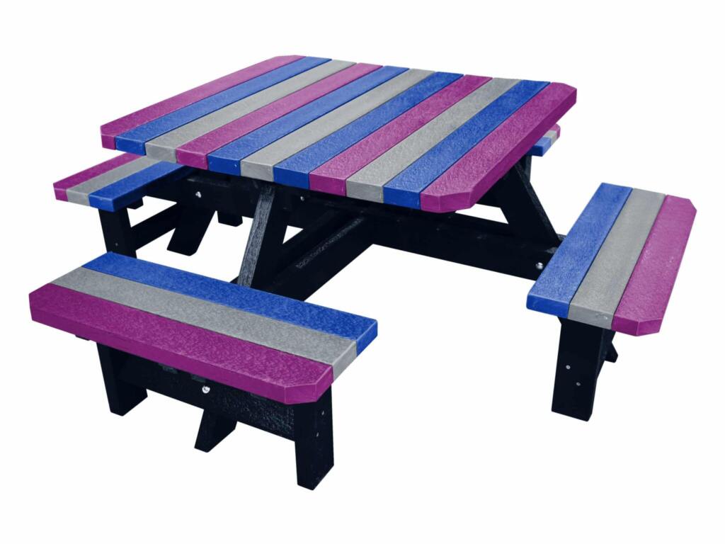 Multicoloured picnic table from British Recycled Plastic made from purple, blue, grey plastic
