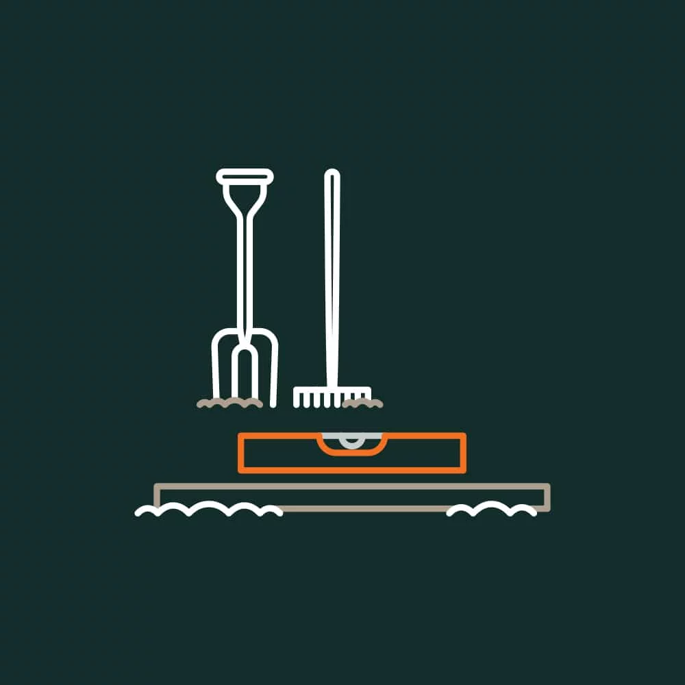 Level the ground ensuring it doesn’t slope away in any direction. A common and easy way to do this is to turn any higher areas over with a fork and then rake the loose material to the lower area, using a long spirit level and batten or bar to ensure that you keep the surface level.