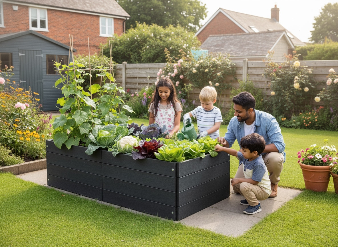 Recycled plastic raised beds are blooming great 3 children planting British Recycled Plastic raised beds