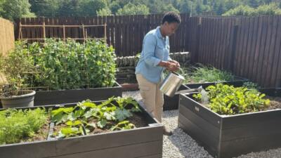 Woman watering British Recycled Plastic raised beds